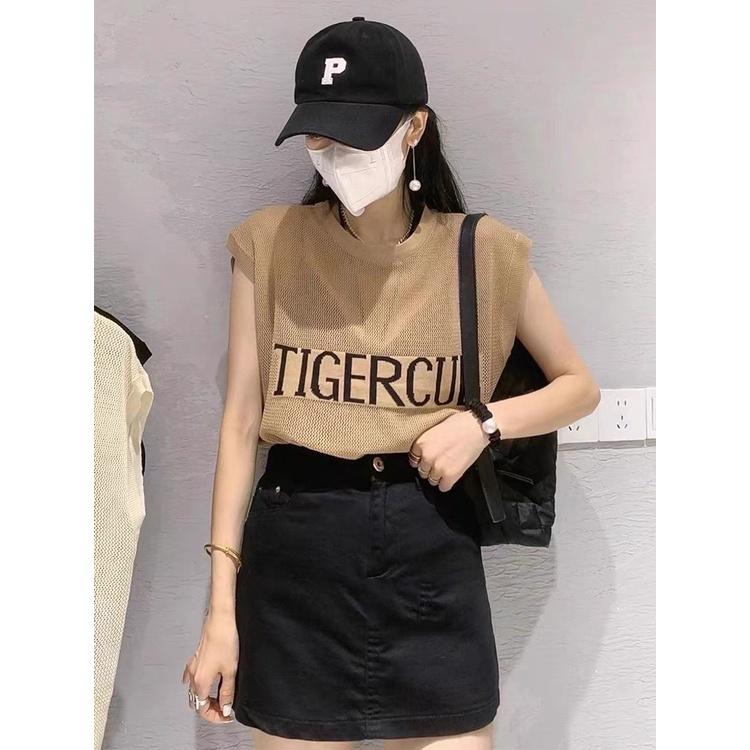 Áo len lưới form rộng tay hến nữ kiểu cổ tròn Tank Top Tigercub dệt kim phong cách Hàn Quốc trẻ trung