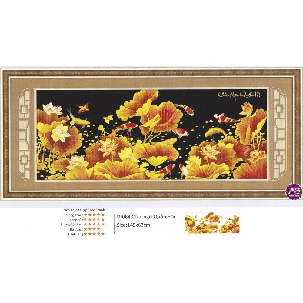 Tranh Đính Đá CÁ CỬU NGƯ QUẦN HỘI (ĐÁ ABC CAO CẤP). Kích Thước: 1m49 x 63cm