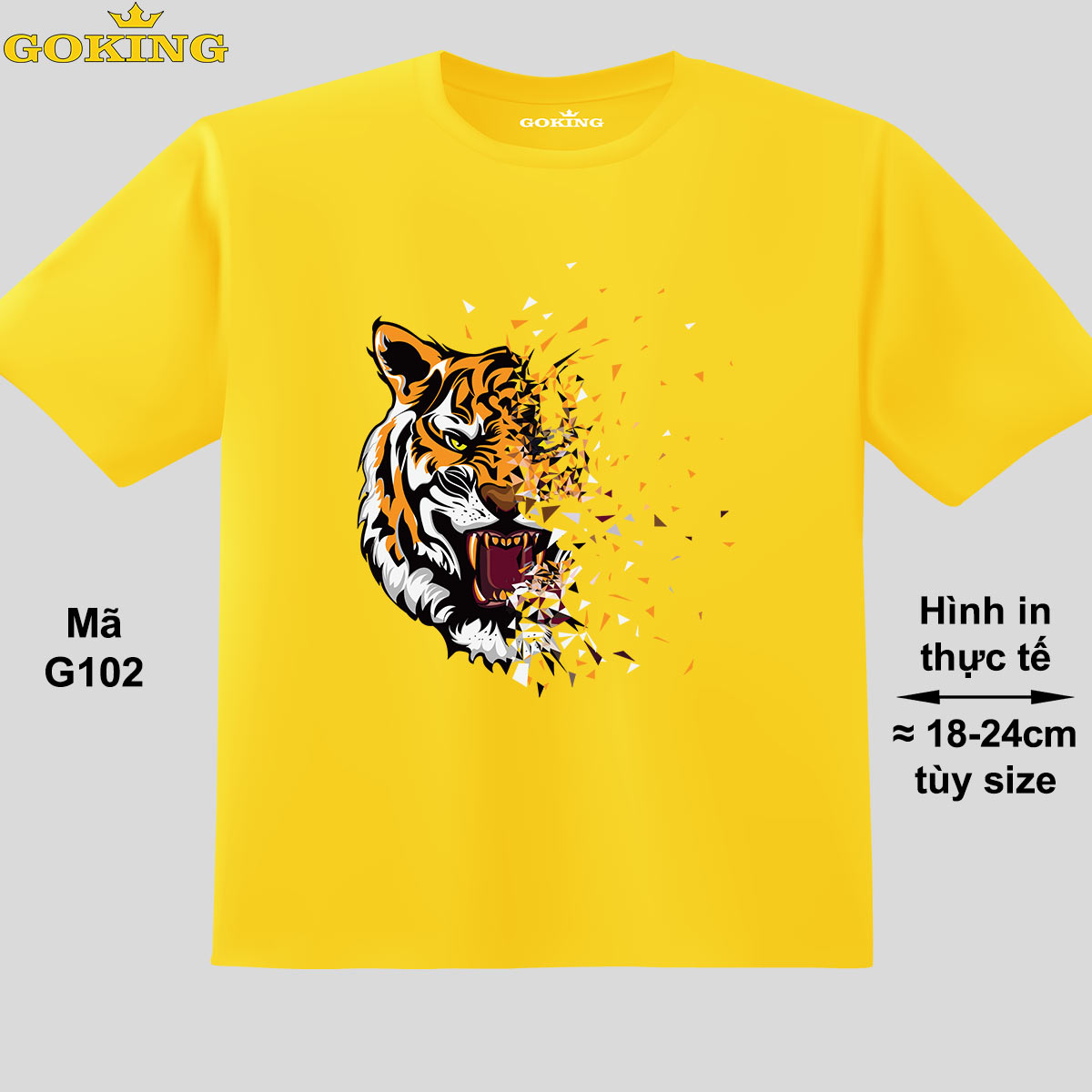 Art Tiger, mã G102. Áo thun in đầu hổ nghệ thuật. Quà tặng ý nghĩa cho bố mẹ, con cái, bạn bè, doanh nghiệp, hội nhóm. Áo thun hàng hiệu Goking - Vàng, vải