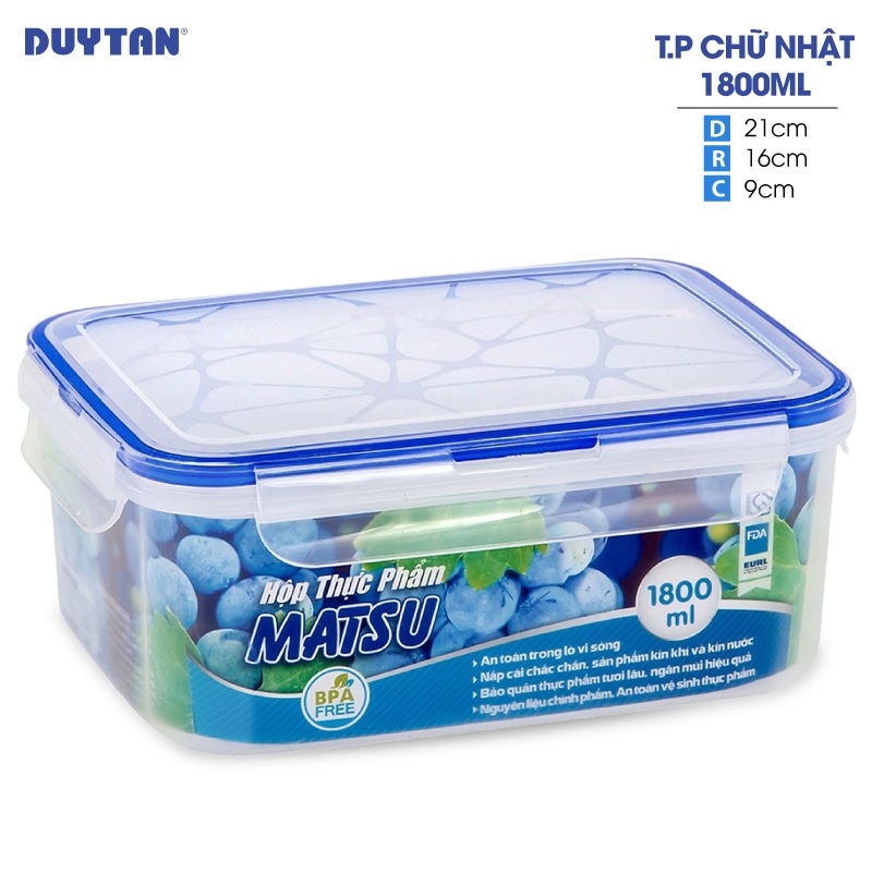 Hộp đựng thực phẩm chữ nhật nhựa Duy Tân Matsu 1800ml (21 x 16 x 9 cm) - 03222 - Hàng chính hãng