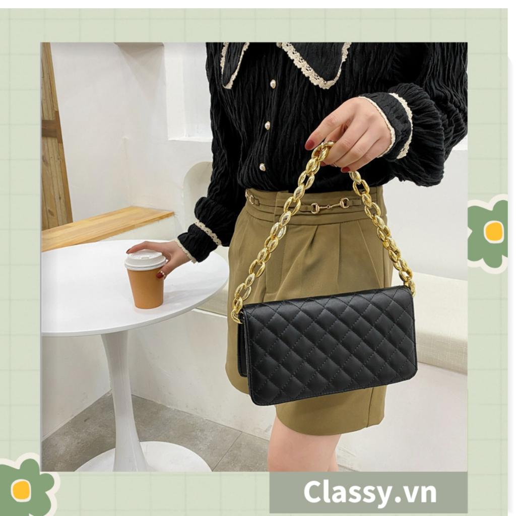 TÚI KẸP NÁCH nữ Classy CLASSIC, HÌNH HỘP VUÔNG HOẠ TIẾT CHẦN Ô, KHÓA XÍCH VÀNG TO BẢN RẤT SANG T594