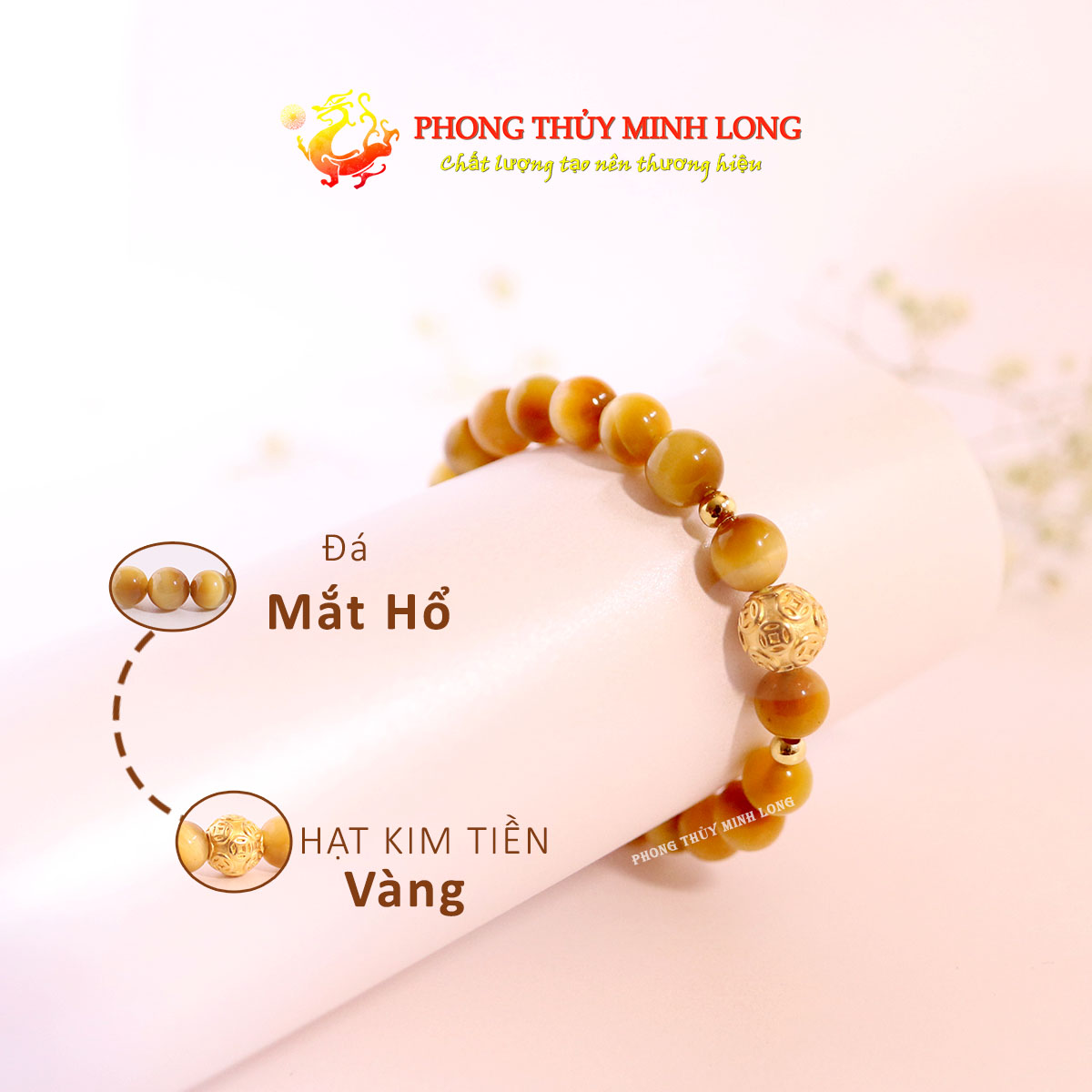 Vòng tay đá mắt hổ vàng tâm mix hạt kim tiền vàng