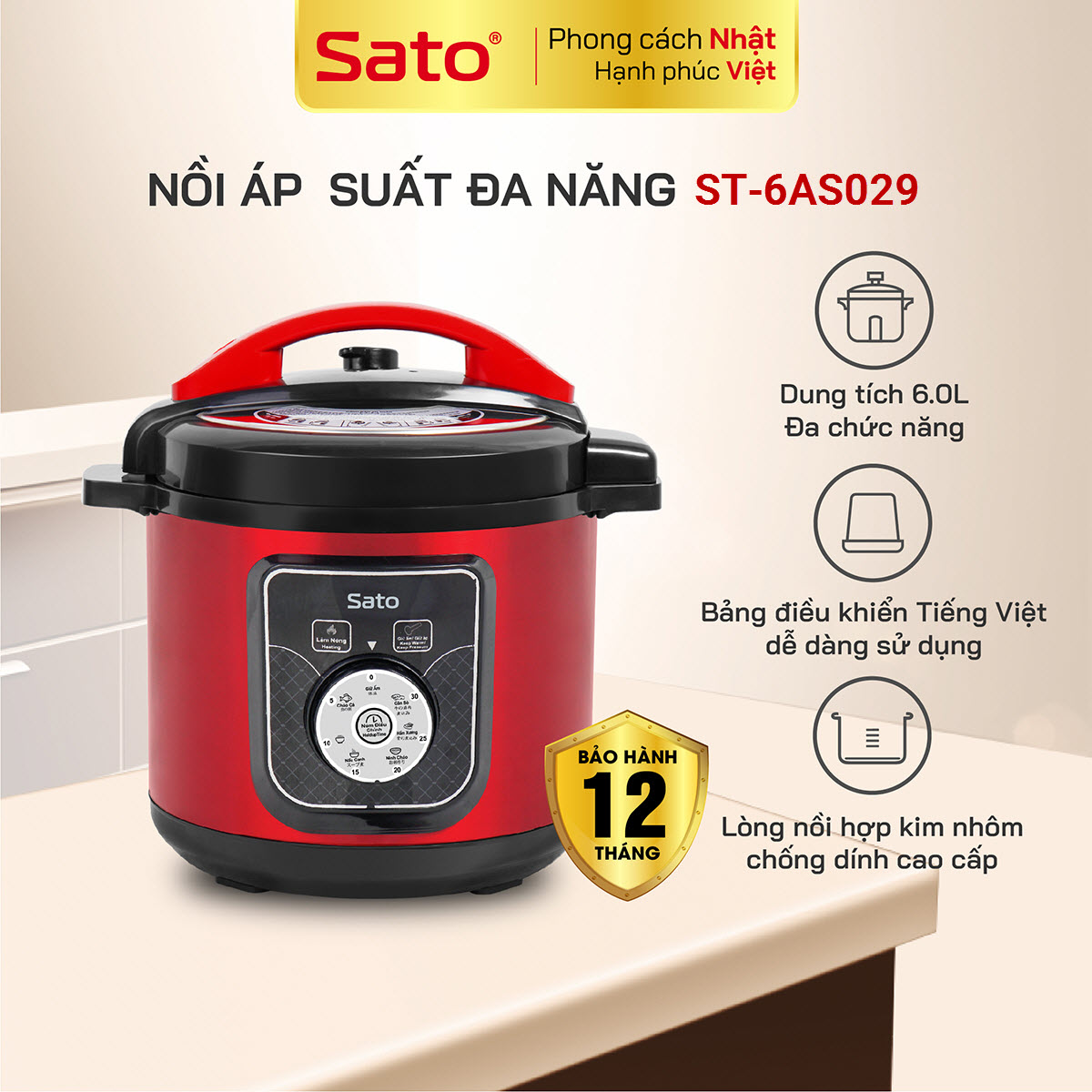 Nồi áp suất đa năng SATO Việt Nhật ST-6AS025 6.0L đa chức năng nấu cơm, nấu cháo, hầm, ninh súp, giữ ấm, làm sữa chua - Miễn phí vận chuyển toàn quốc - Hàng Chính Hãng