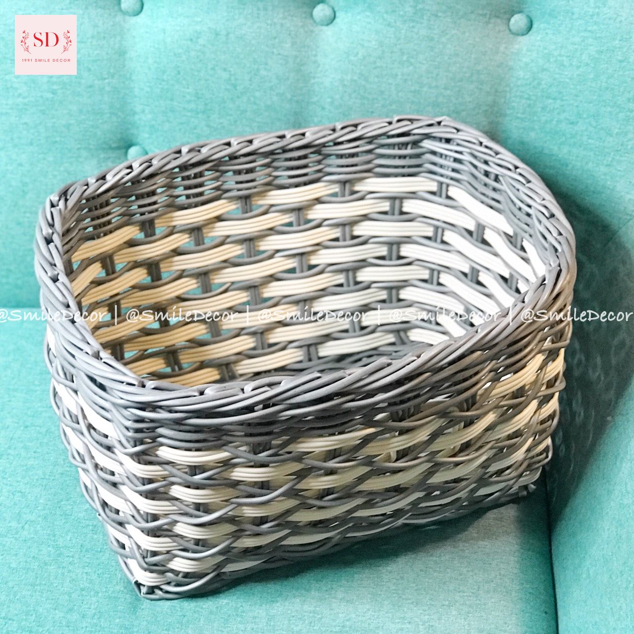 Sọt đa năng đan dây nhựa hình chữ nhật màu xám trắng/ Rectangular Resin basket for home decor