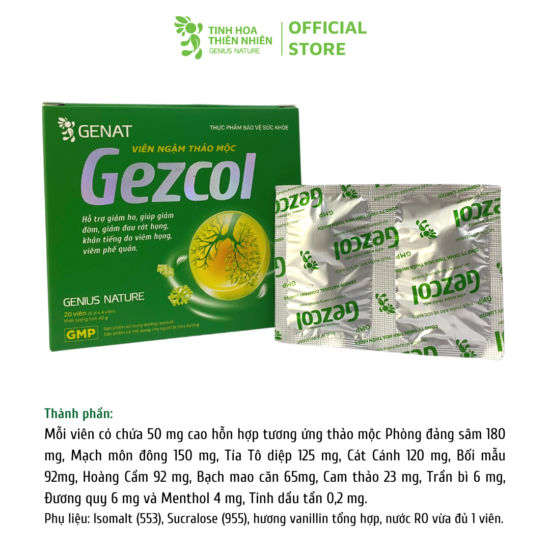 Viên ngậm thảo mộc Gezcol Hỗ trợ giảm ho, giảm đờm, giảm đau rát họng, khản tiếng - Genat