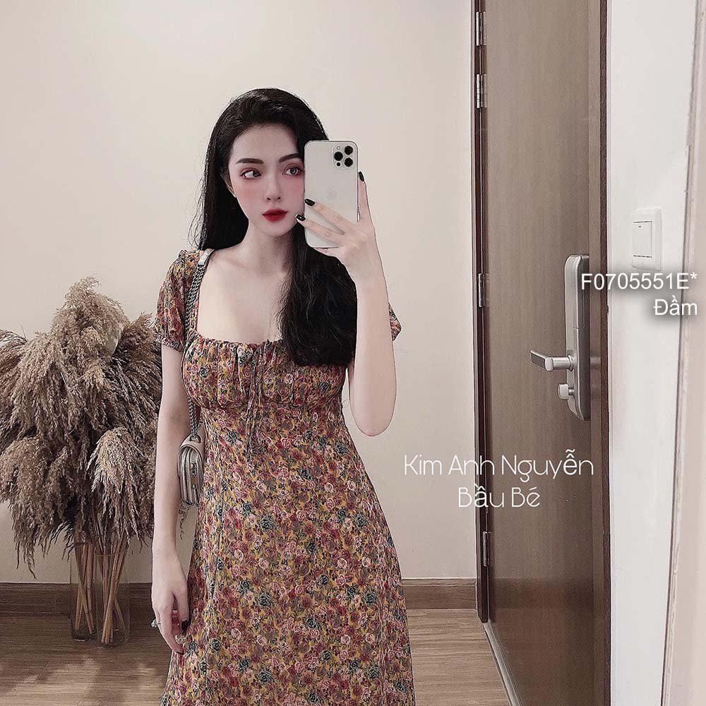 Đầm maxi hoa nhí xẻ tà bẹt vai tay bầu!