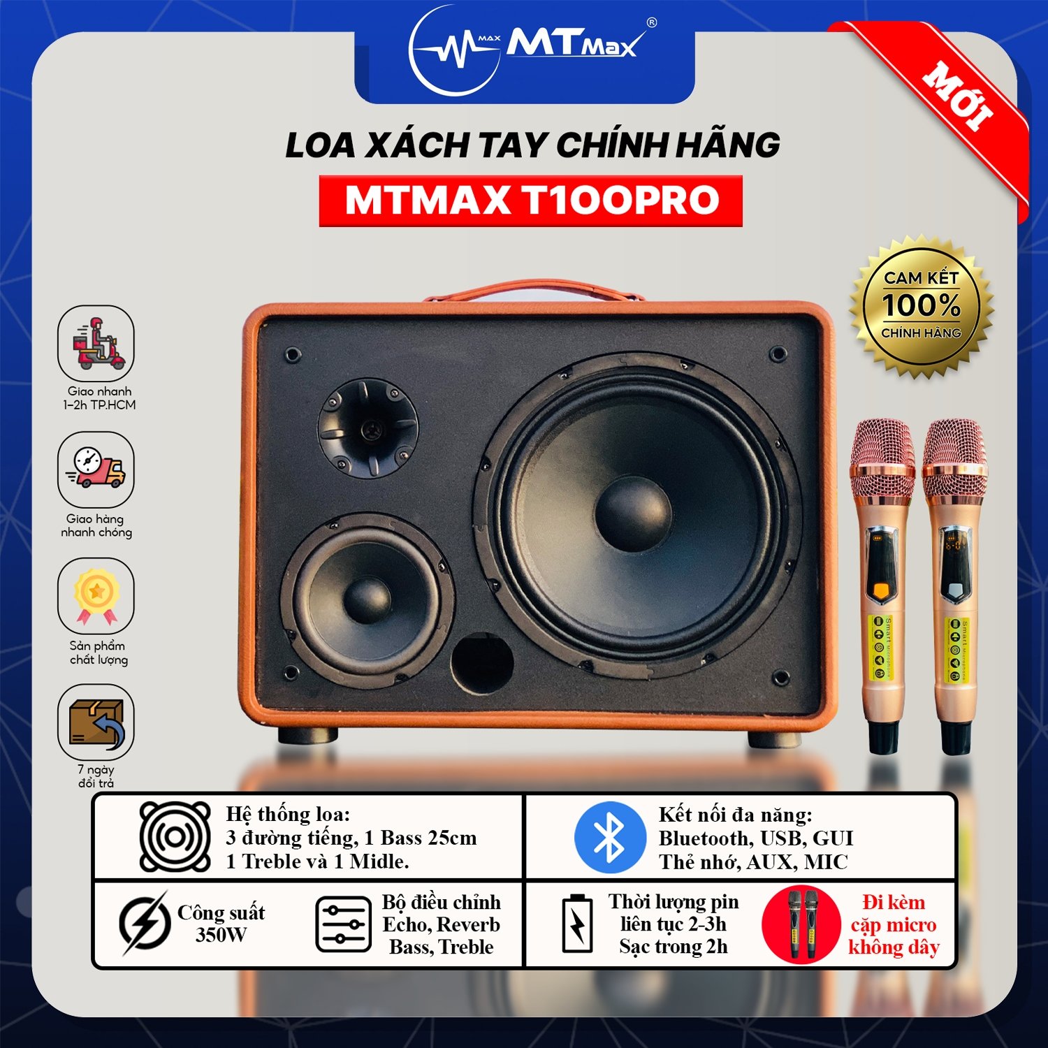 Loa Xách Tay Chính Hãng MTMAX T100PRO - Loa Karaoke Di Động 3 Đường Giá Rẻ Công Suất Lớn 350W Bass Siêu Trầm 25cm Điều Chỉnh Bass Treble Echo Reverb Dễ Dàng Hàng Chính Hãng