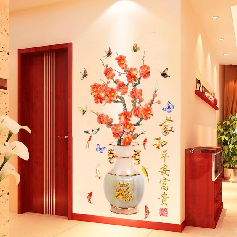 Decal dán tường Bình hoa đào đỏ 3D to nhất