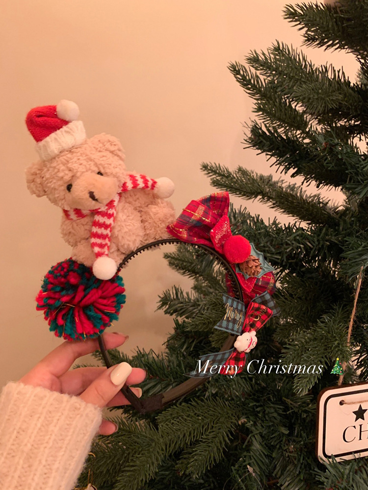 Cài tóc giáng sinh gấu bông nâu dễ thương, băng đô Noel gấu 3d