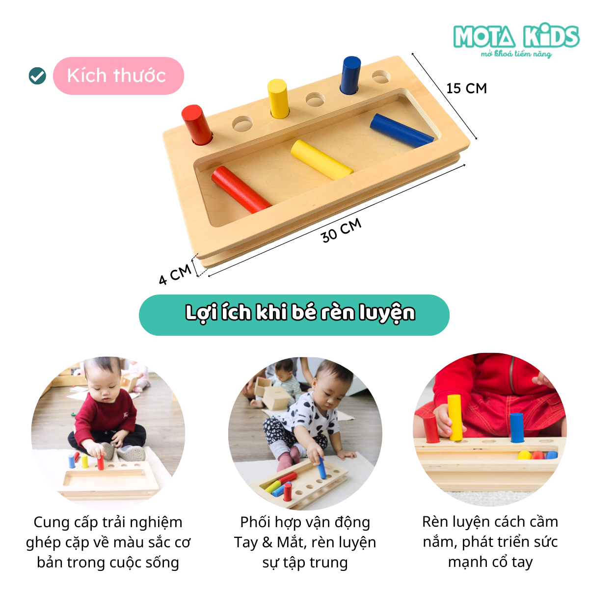 Đồ chơi hộp thả khối trụ màu cho bé từ 12-15 tháng Montessori Mota- Tăng cường kỹ năng vận động đôi tay- Hàng chính hãng