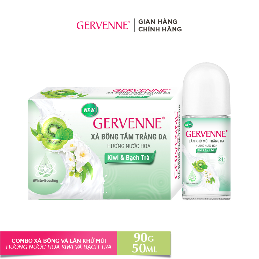 Combo Xà bông tắm trắng Gervenne 90g và Lăn khử mùi trắng da hương Kiwi và Bạch Trà 50ml