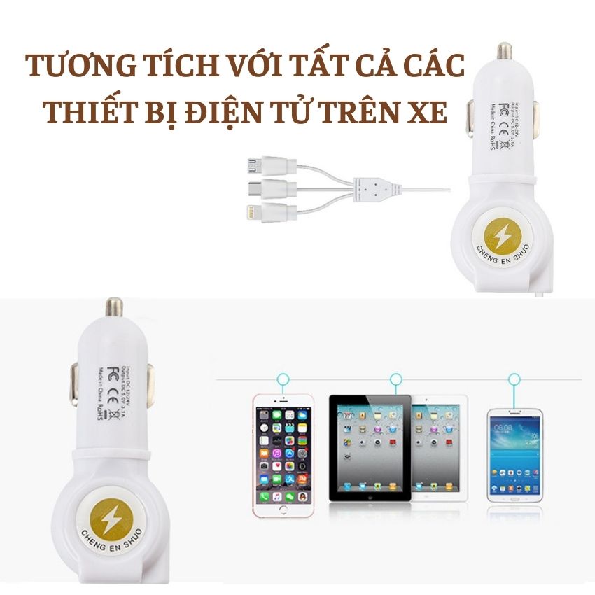 Tẩu Sạc Nhanh Ô Tô Chia 3 Cổng cho Iphone Android Có Cáp Sạc Type C Sạc Điện Thoại Trên Ô Tô T01