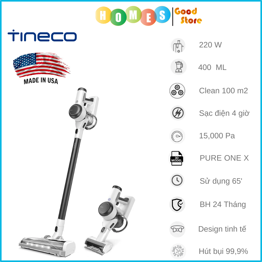 Máy Hút Bụi Cầm Tay Thông Minh TINECO Pure One X Thương Hiệu Mỹ Lực Hút 12,000 Pa, Có Kết Nối App Theo Dõi, Công Suất 220 W - Hàng Chính Hãng - Bảo Hành 24 Tháng