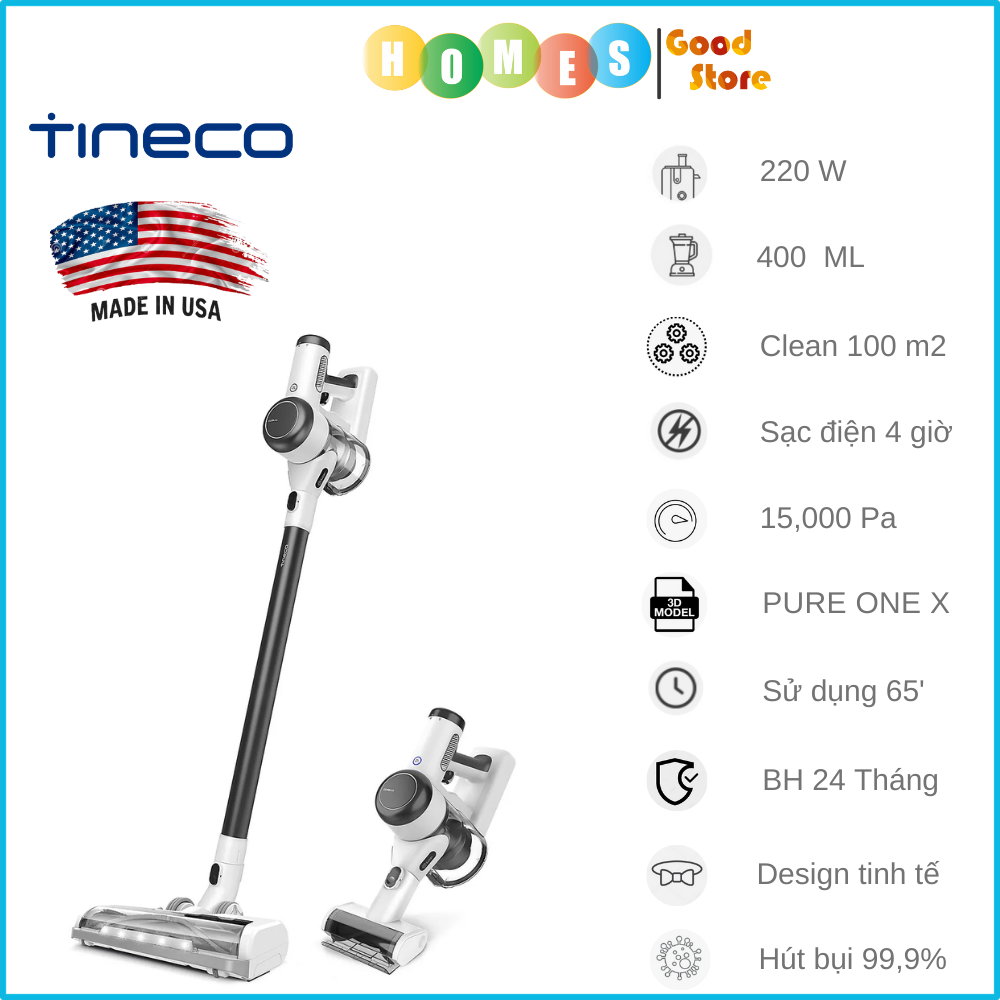 Máy Hút Bụi Cầm Tay Thông Minh TINECO Pure One X Thương Hiệu Mỹ Lực Hút 12,000 Pa, Có Kết Nối App Theo Dõi, Công Suất 220 W - Hàng Chính Hãng - Bảo Hành 24 Tháng