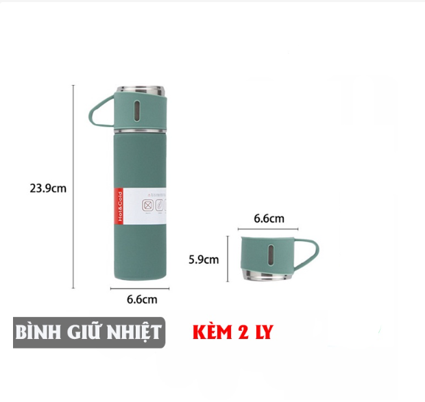 Bộ bình giữ nhiệt kèm 2 ly cách nhiệt 500ml inox cao cấp