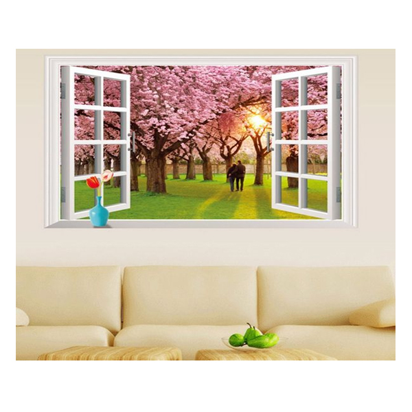 Decal Dán Tường Cửa Sổ Vườn Hoa Đào PK131 (60 x 90 cm)