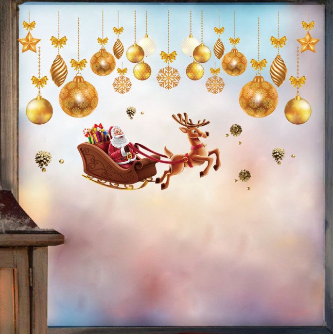 Decal trang trí Noel - Ông già Noel cưỡi tuần lộc và rèm châu vàng