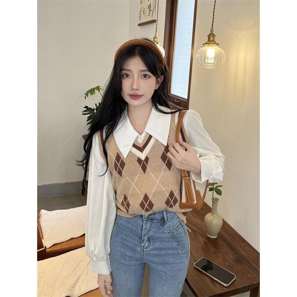 Áo gile len nữ kẻ sọc caro cổ chữ V họa tiết kim cương phối viền kiểu Hàn Quốc hàng Quảng Châu đẹp H-14
