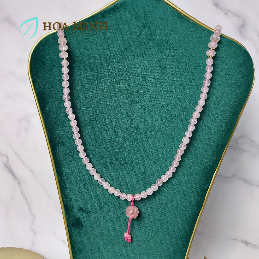Vòng tay chuỗi 108 hạt Thạch Anh Hồng size 6 li phối hạt bánh xe, charm hoa sen đá thạch anh hồng cho phong thủy mệnh Hỏa, Thổ
