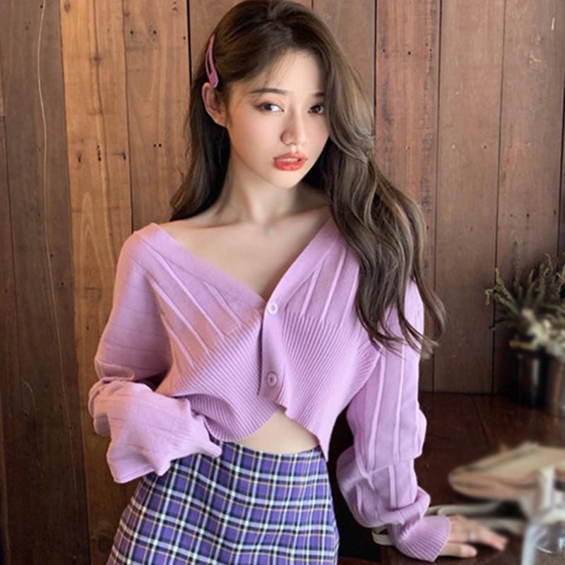 Áo Khoác Cardigan Dài Tay Cổ Chữ V Phối Nút Xinh Xắn Dành Cho Nữ