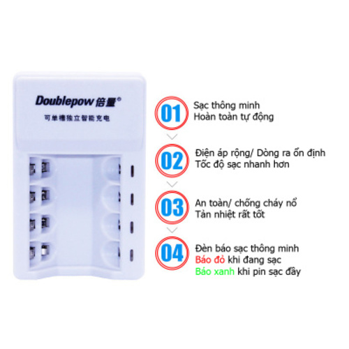 Combo Bộ sạc pin DoublePow DP-K11 Tự ngắt kèm 4 Pin tiểu sạc AA DoublePow 3200 mAh dung lương Pin cao, Sử dụng lâu