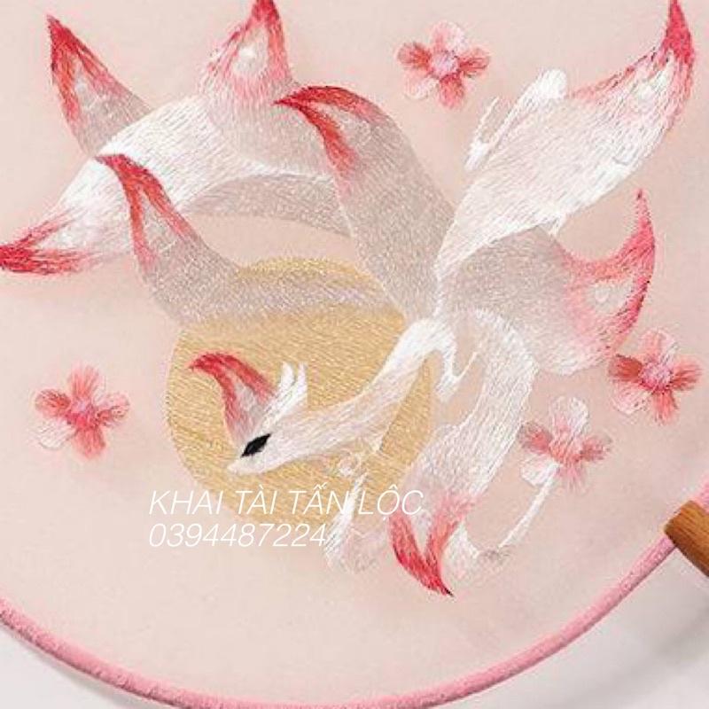 Quạt tròn cổ trang Tô Châu thêu hồ ly hoa đào 2 mặt