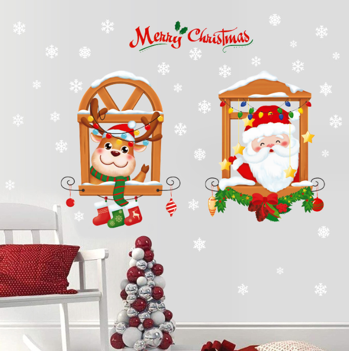 Decal trang trí dán tường hít tĩnh điện - ông già noel và chú tuần lộc nâu đội mũ đỏ đáng yêu