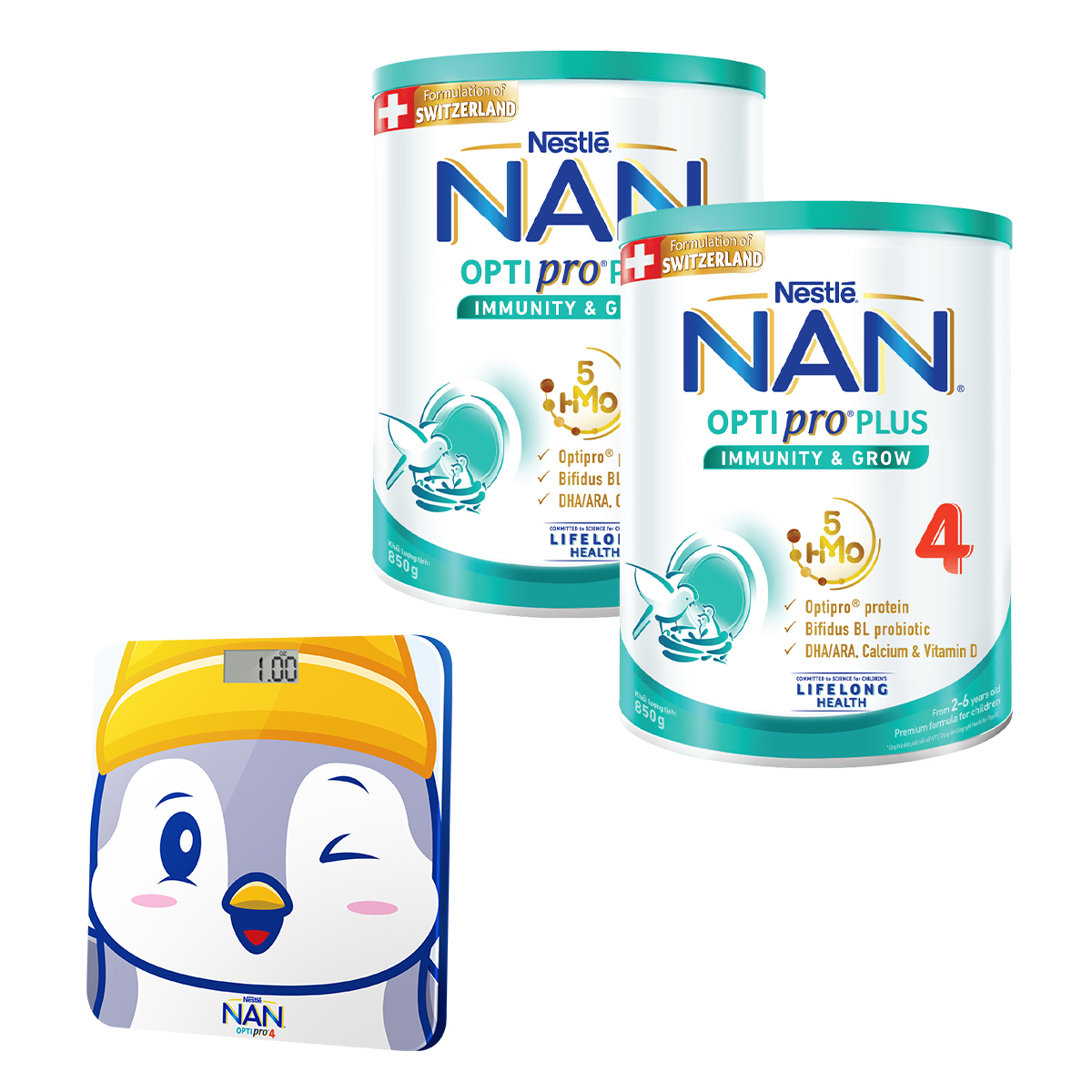 Combo 2 Sản Phẩm Dinh Dưỡng Nestlé NAN OPTIPRO PLUS 4 850g/lon với 5HMO Hỗ trợ Đề Kháng - Tiêu Hóa - Trí Não & Chiều Cao Dánh cho bé từ 2 - 6 tuổi - Tặng Cân điện tử