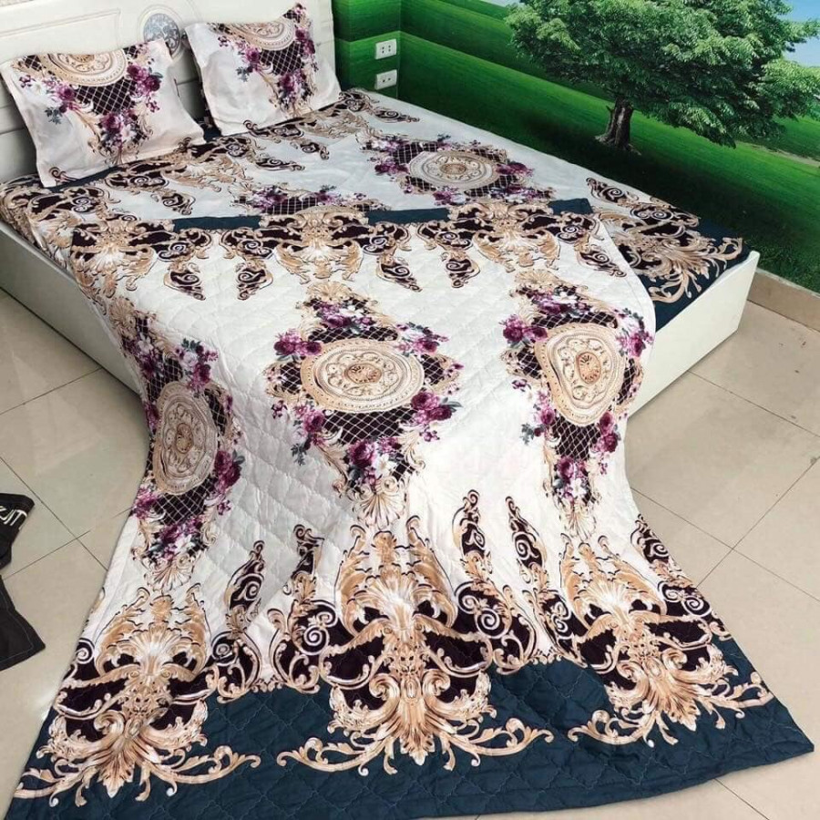 Bộ Chăn Ga Gối Cottong Poly Hè Thu 5 Món Pha Lê Trắng