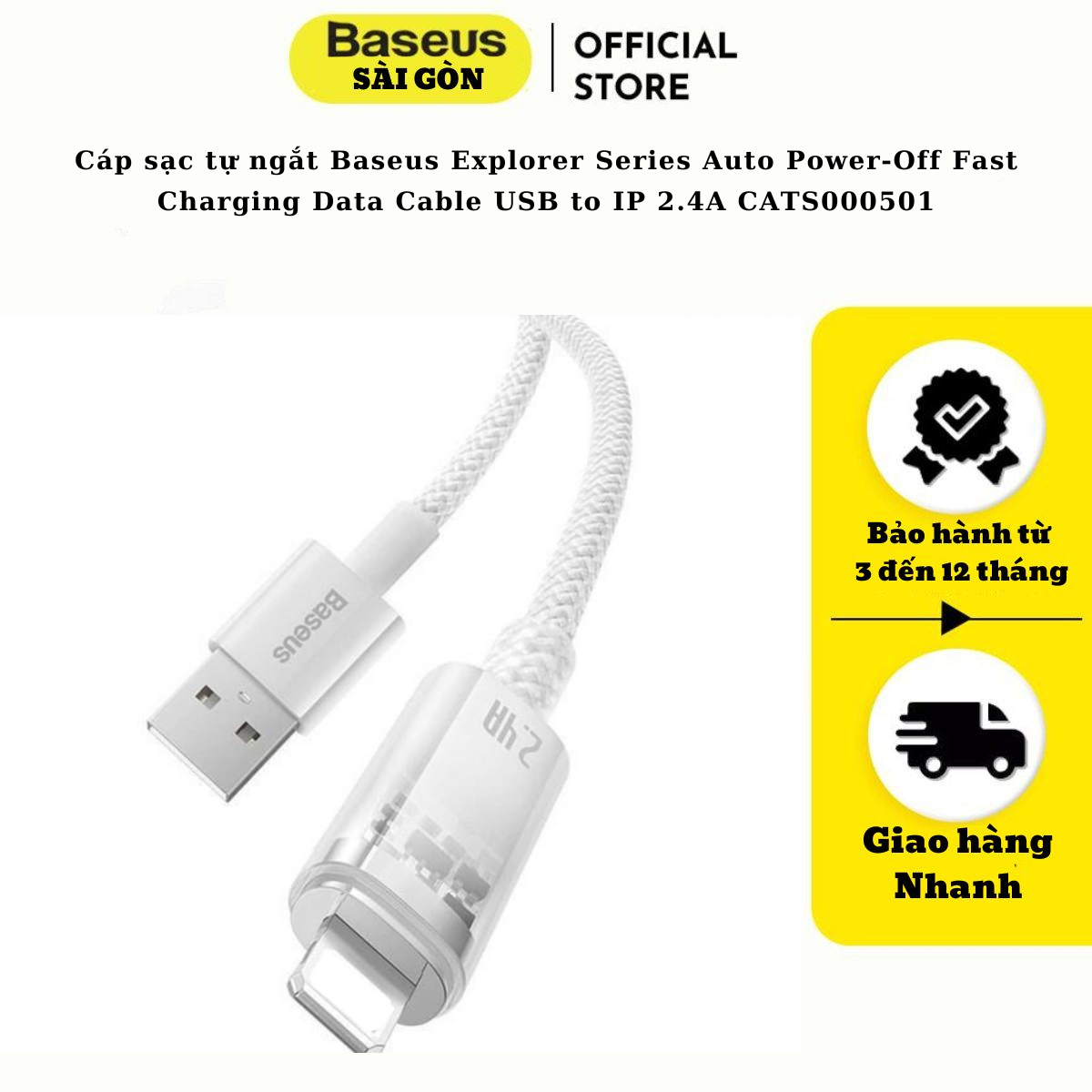 Cáp sạc Baseus tự ngắt USB-IP CATS000501 Explorer Series sạc nhanh, truyền dữ liệu 480 Mbps - Hàng chính hãng