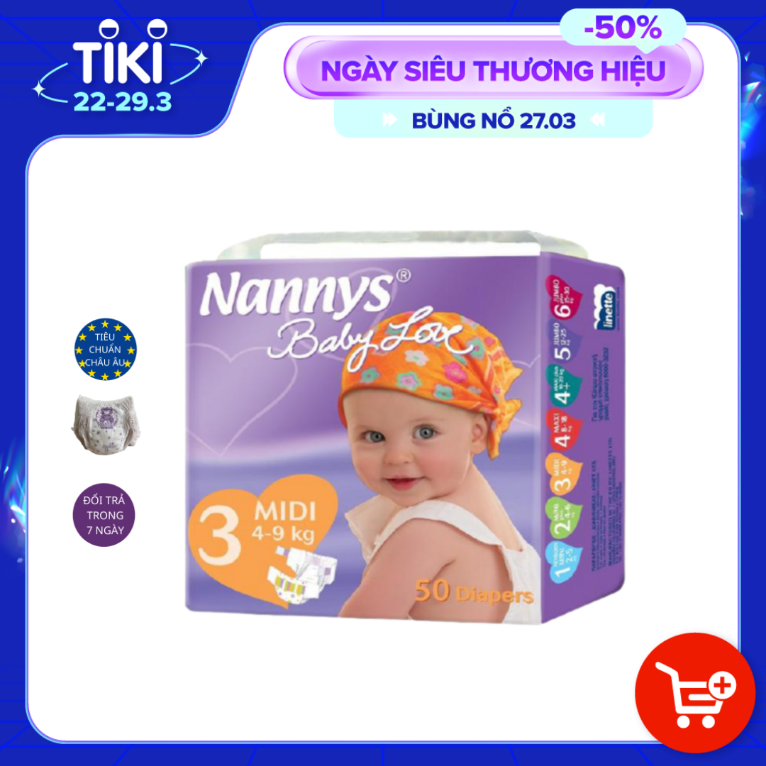 Tã/ bỉm DÁN Nannys Midi M 50 miếng (Cho bé từ 4-9kg)