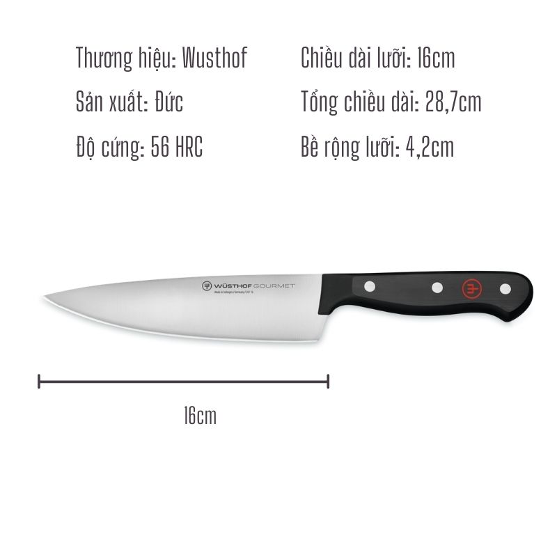 Dao Nhà Bếp Chuyên Thái Thép Không Gỉ Cao Cấp WUSTHOF Gourmet Lưỡi Dài 16cm Cán Nhựa POM - Made In Solingen Đức