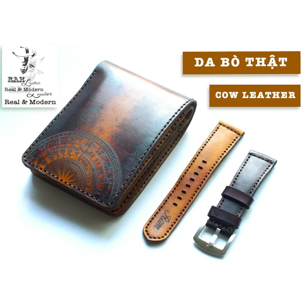 Combo Ví nam + dây đồng hồ socola - vàng da bò vegtan Ý bền chắc Chính hãng RAM Leather