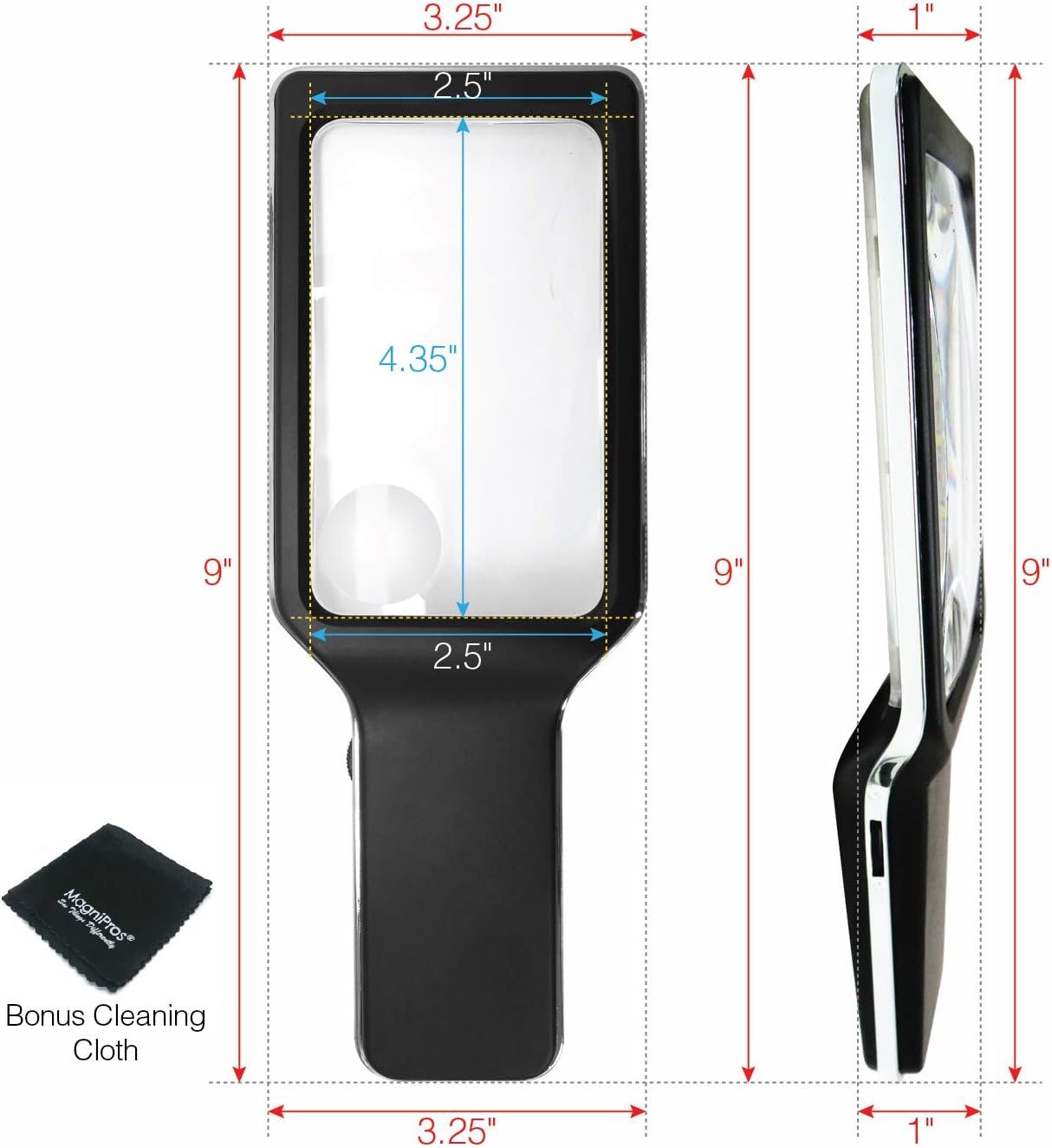 Kính lúp cầm tay đọc sách cao cấp Magnipros ED-12 (phóng đại 6x, 10 đèn LED chống chói, điều chỉnh độ sáng) (Hàng chính hãng)