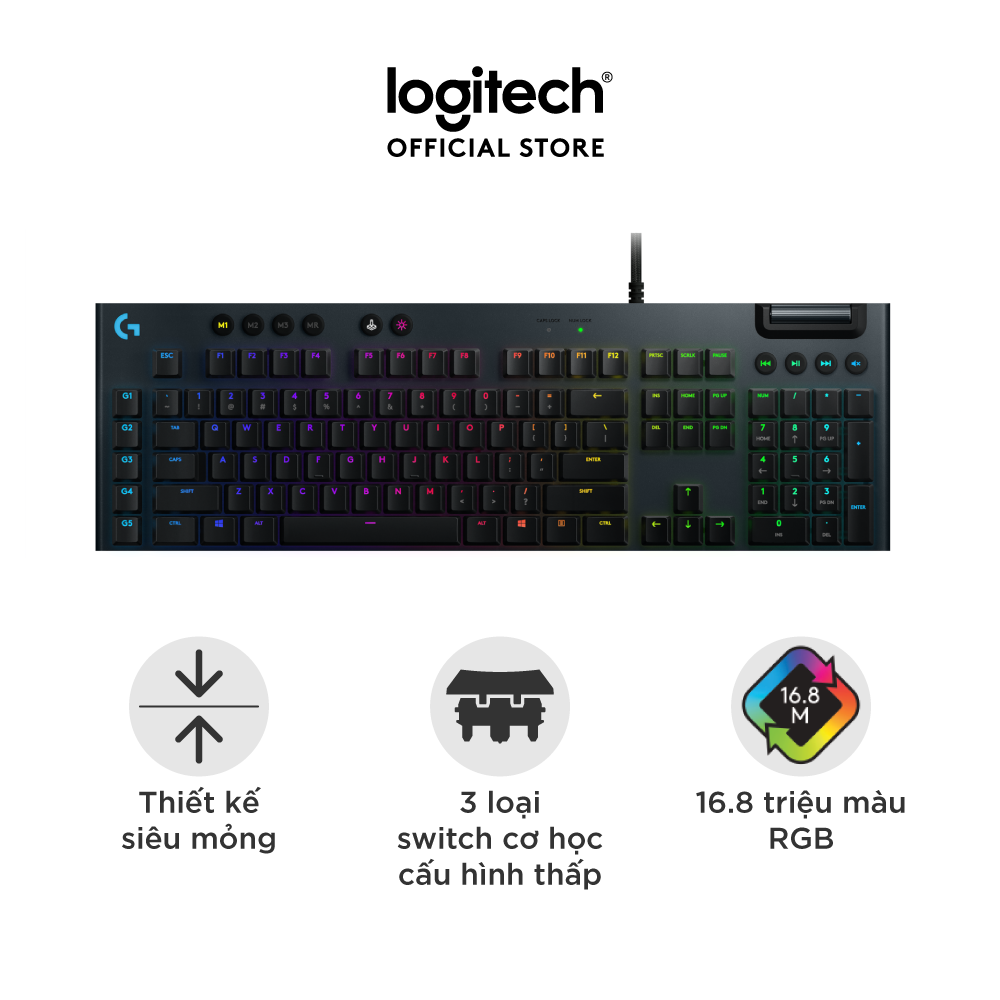 Bàn phím game cơ học RGB Logitech G813 - 3 loại switch cấu hình thấp, cổng USB 2.0, 5 nút lập trình, media chuyên biệt, RGB Lightsync - Clicky Switch - Hàng chính hãng