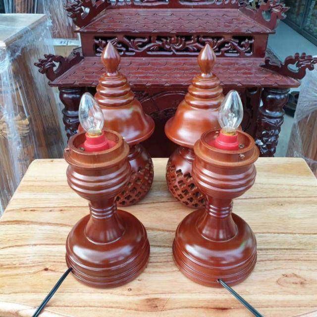 Cặp đèn thờ gỗ xà cừ cao 36 cm loại 1 rất đẹp