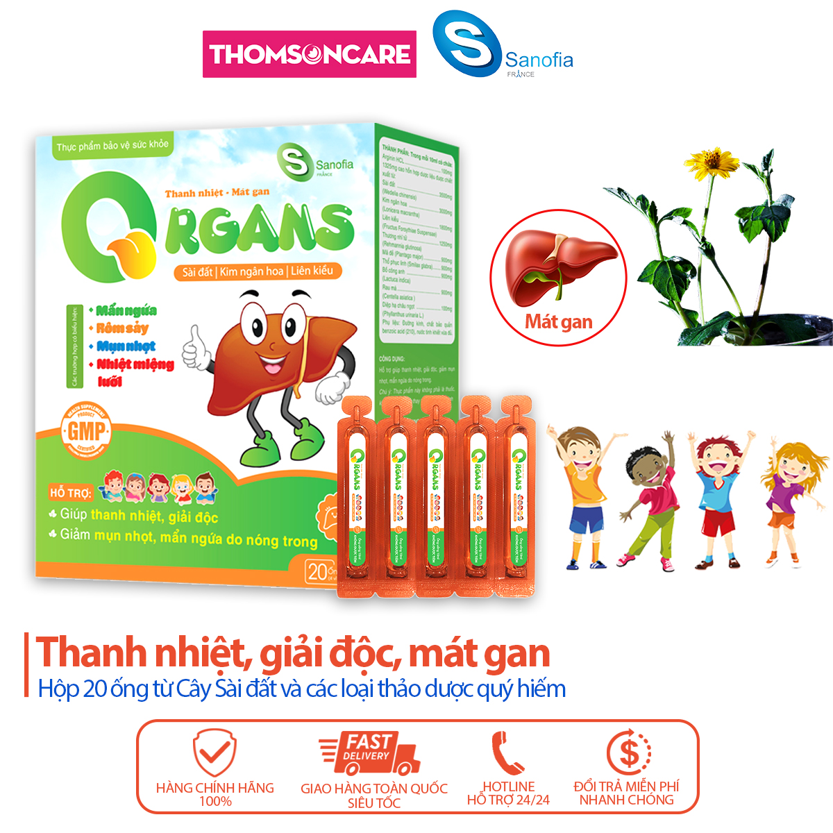 Siro mát gan cho bé Organs Sanofia - Giúp thanh nhiệt, mát gan, giải độc, giảm mụn nhọn từ thảo dược - Hộp 20 ống Thomsoncare