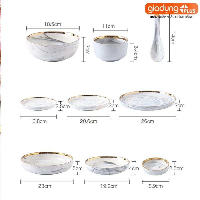 Set đồ ăn gồm chén, bát, tô, đĩa, muỗng bằng sứ vân đá (trắng, hồng) cao cấp theo phong cách Bắc Âu - Kèm hộp quà