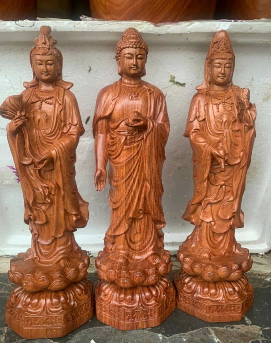 Bộ tam thế phật gỗ hương cao 40 cm