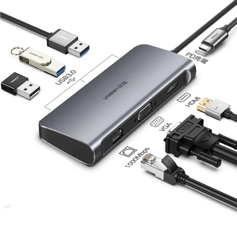 Cáp Chuyển Đổi USB Type-C Sang Vga + HDMI 2K4K + 3*USB 3.0 Ports + Gigabit Lan + Type-C PD dài 15cm màu Gray Ugreen TC60557CM212 Hàng chính hãng.