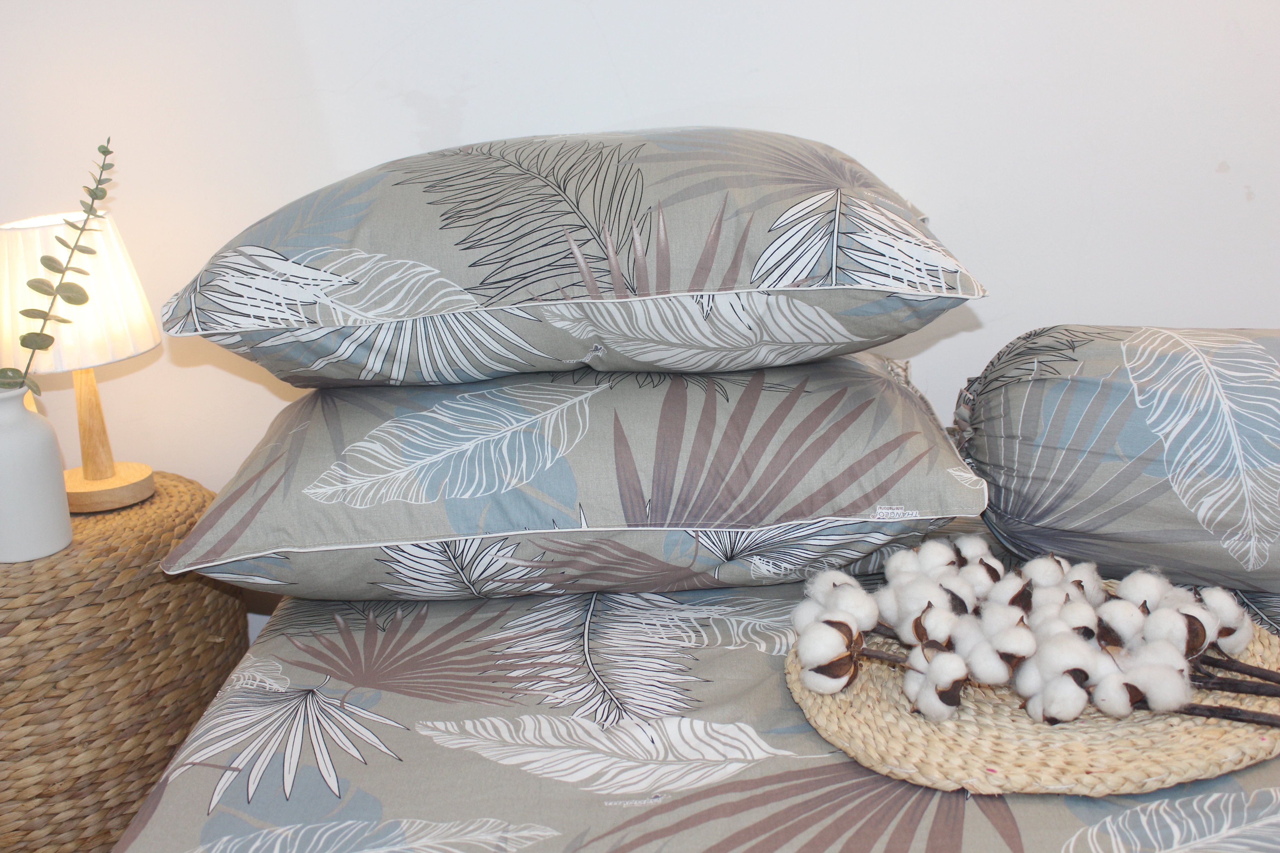 Bộ Drap Gối Cotton - Lá Cọ Nâu- vải dày dặn, mát mẻ, siêu thấm mồ hôi