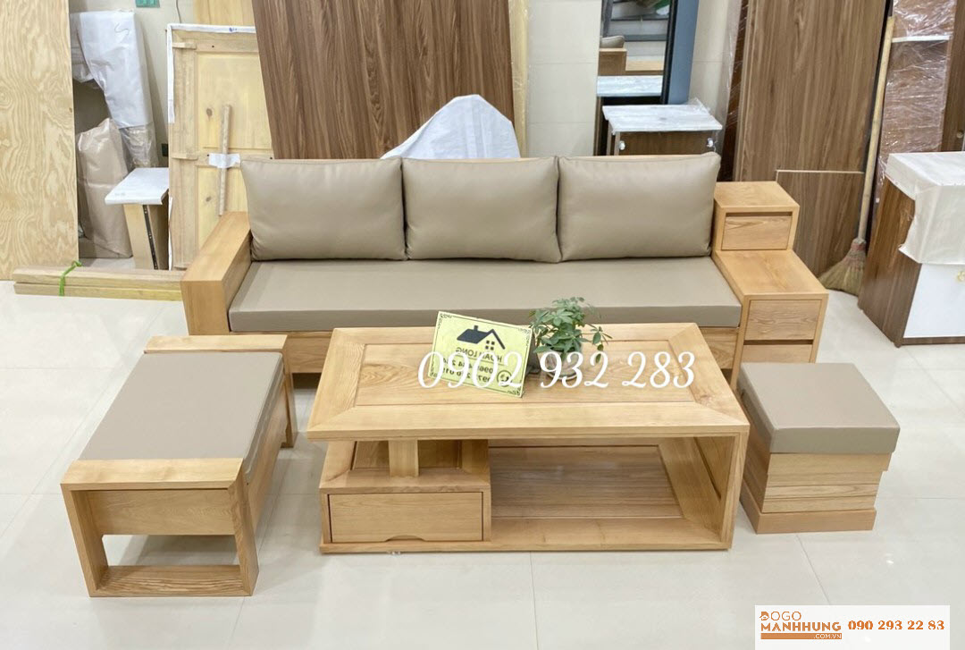 Bộ bàn ghế phòng khách sofa 4 món gỗ sồi tay hộc kéo