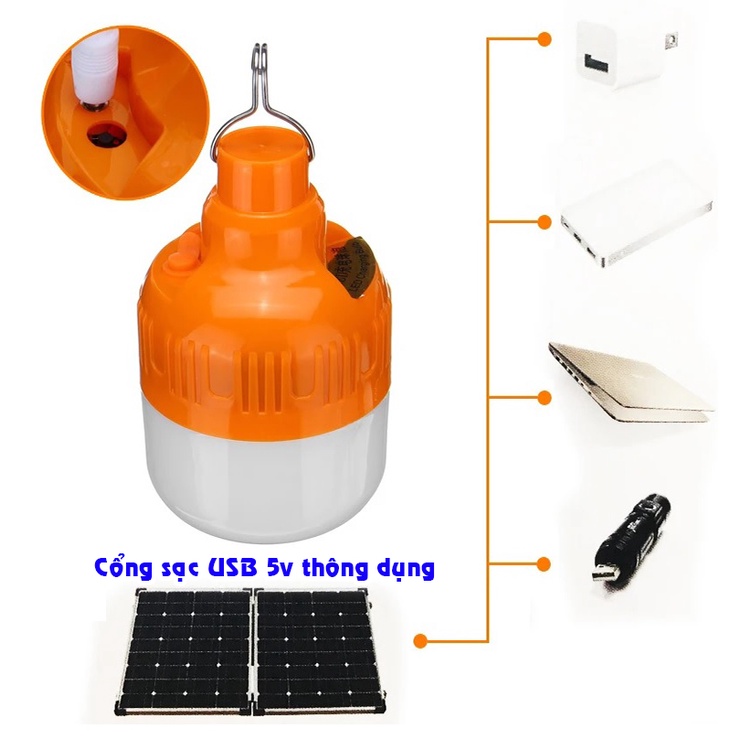 Bóng Đèn Sạc Tích Điện Đa Năng 100W, 150W Cổng sạc USB Có Móc Treo Không Cân Dây Điện