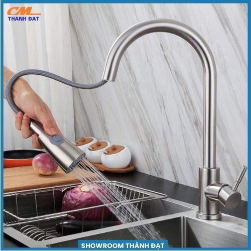 Vòi nước bồn rửa chén, vòi rửa bát nóng lạnh đầu dây rút INOX phủ Nano đen tặng kèm 2 dây cấp nước