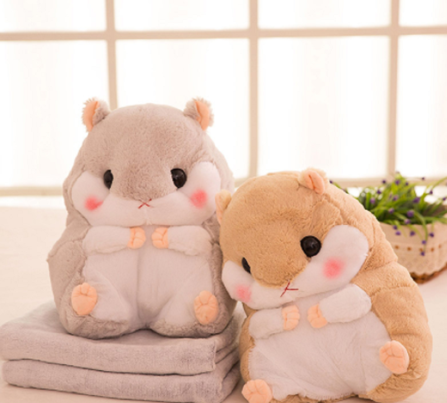 Bộ chăn gối chuột hamster lông xù size lớn 50cm (Xám)