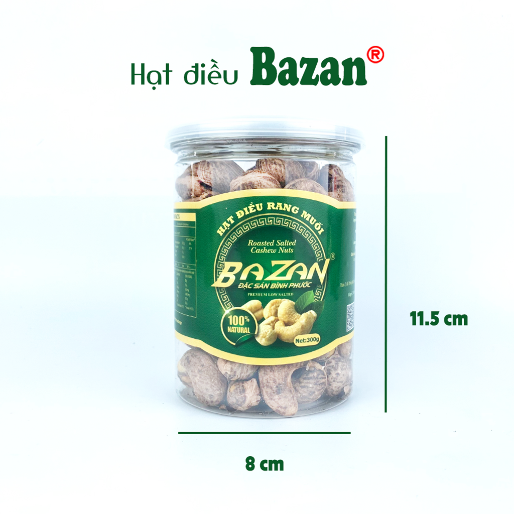 Hạt điều rang muối Bazan Bình Phước nguyên hạt dinh dưỡng A+ loại 1 hộp 300g nắp bật còn vỏ lụa