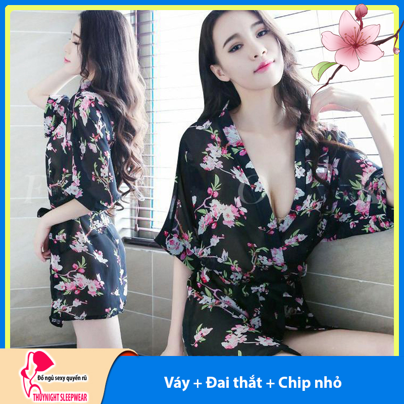 Áo choàng ngủ kimono in hoa văn kèm quần chip lọt khe gợi cảm Q28 - Áo choàng ngủ nữ quyến rũ