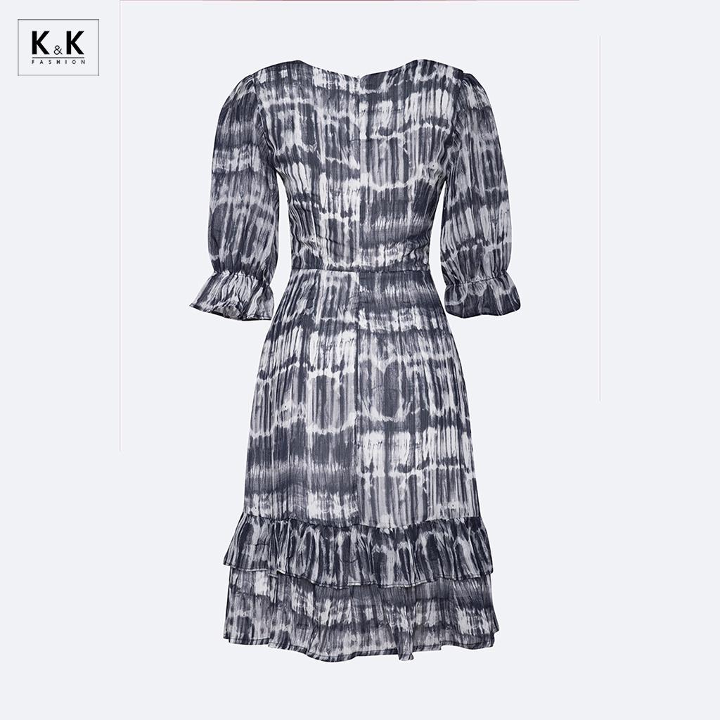 Đầm Đuôi Cá Họa Tiết Tay Lỡ Phối Bèo K&K Fashion KK119-36 Chất Liệu Voan Hàn