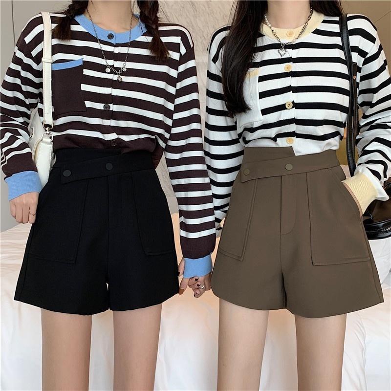 Quần short nữ lưng cao ống rộng DOLOXI 2 khuy bấm vải tuyết mưa Q86