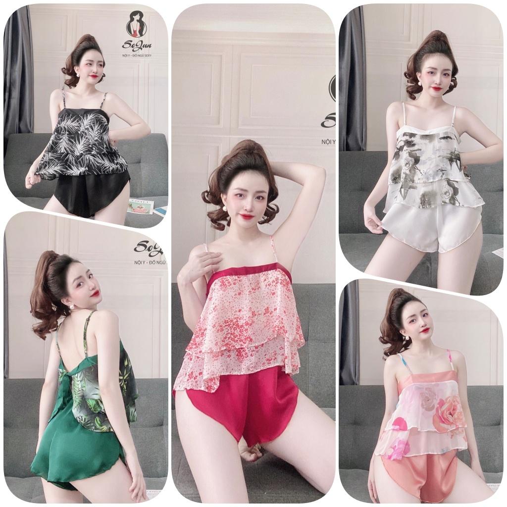 Đồ ngủ sexy nữ Free ship Bộ đùi cột dây sau quần satin phối voan 40&lt;65kg